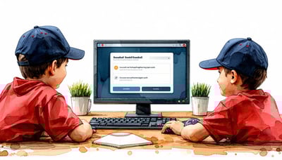 Newsletter signup illustration featuring kids learning baseball online
