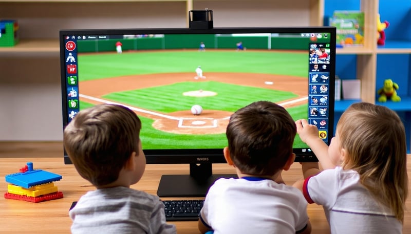 Children participating in a virtual baseball lesson on a computer screen